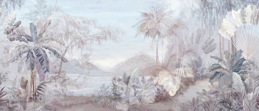 Painting of a landscape with trees and mountains