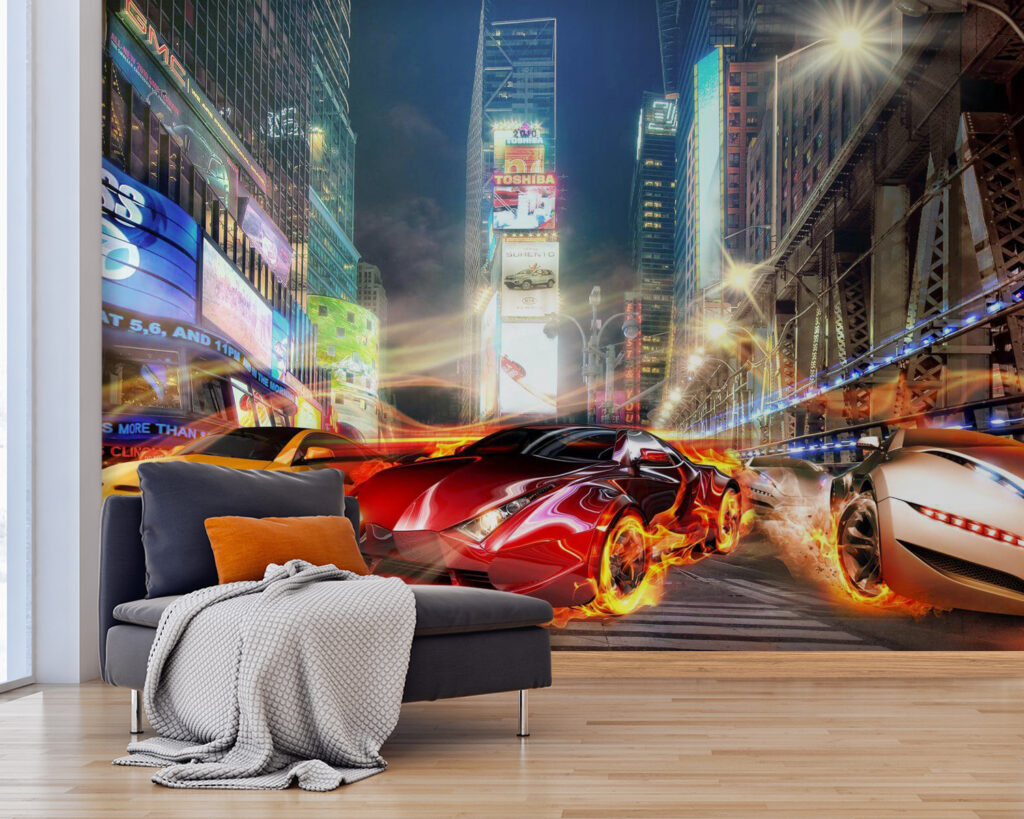 Car on fire in a city