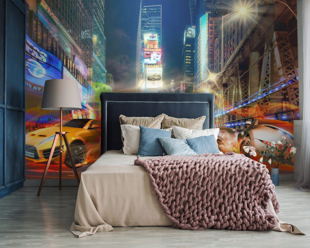 Car on fire in a city