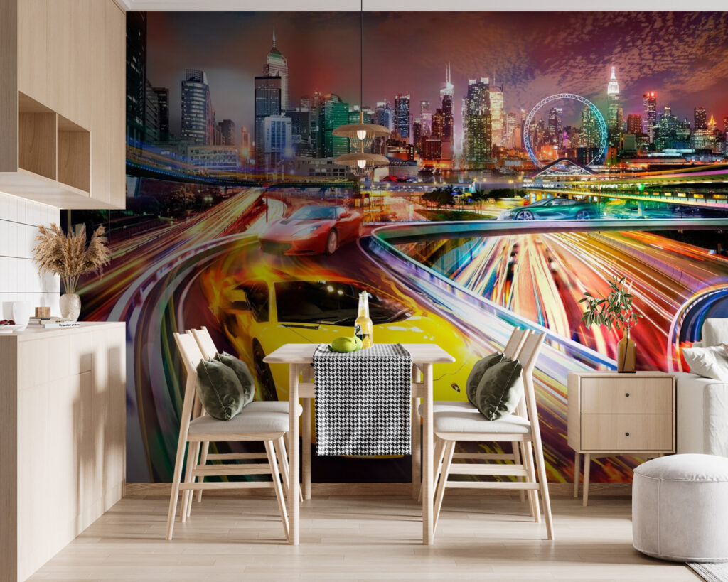 Yellow and red sports cars on a road with a city in the background Yellow and red sports cars on a road with a city in the background