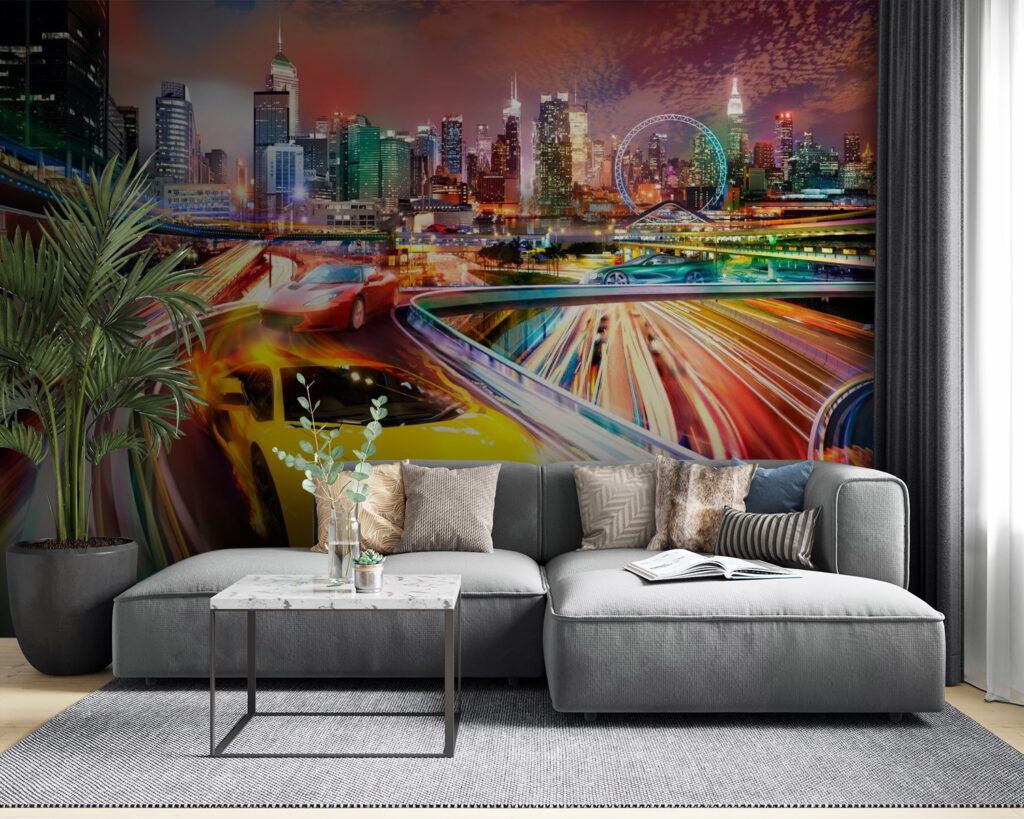 Yellow and red sports cars on a road with a city in the background Yellow and red sports cars on a road with a city in the background