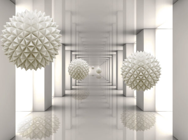 White room with white columns and white balls White room with white columns and white balls