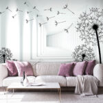 Wall murals Girl riding a bike in a room with dandelions