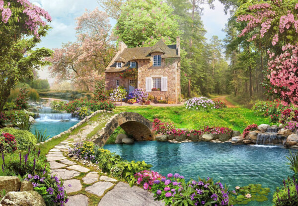 Stone bridge over a pond with a house and trees Stone bridge over a pond with a house and trees