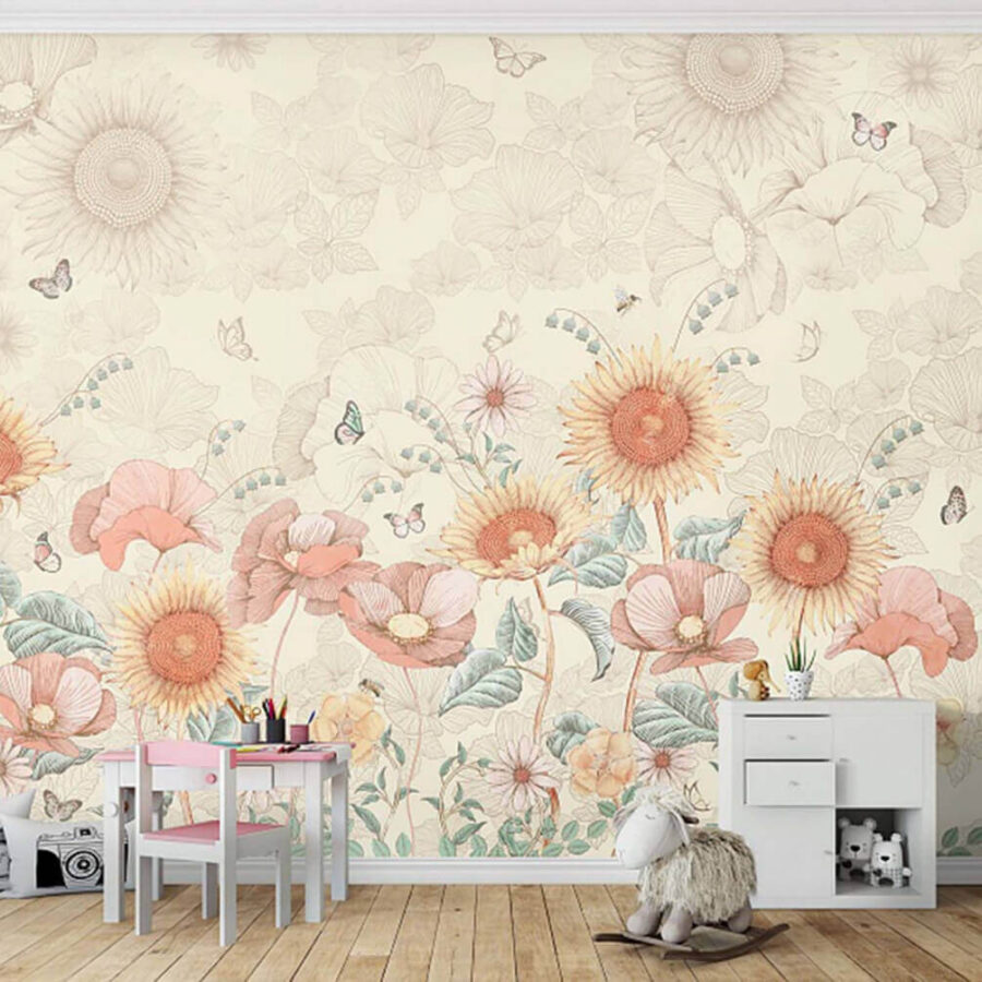 Wallpaper with flowers and butterflies