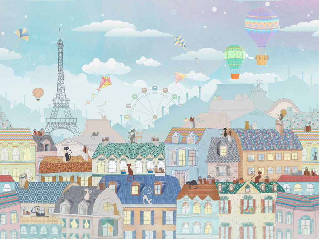 Cartoon city with many buildings and hot air balloons