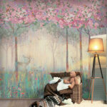 Wall murals Painting of a forest with trees and flowers