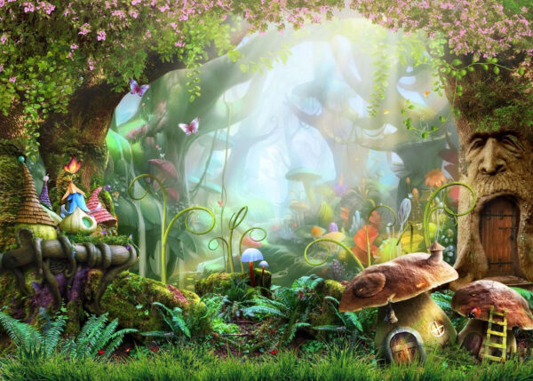 Fairy tale forest with a fairy house and mushrooms Fairy tale forest with a fairy house and mushrooms
