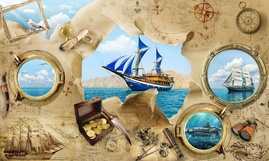 Pirate treasure map with a ship in the water Pirate treasure map with a ship in the water