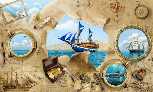 Pirate treasure map with a ship in the water Pirate treasure map with a ship in the water