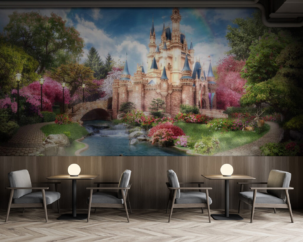 Castle with a pond and a rainbow