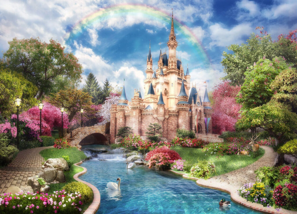Castle with a pond and a rainbow Castle with a pond and a rainbow