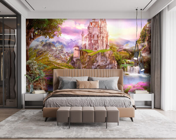 Wall murals Wall murals Castle on a cliff with a waterfall and a bridge (SKU: u59924)