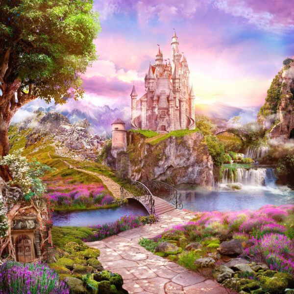 Castle on a cliff with a waterfall and a bridge Castle on a cliff with a waterfall and a bridge