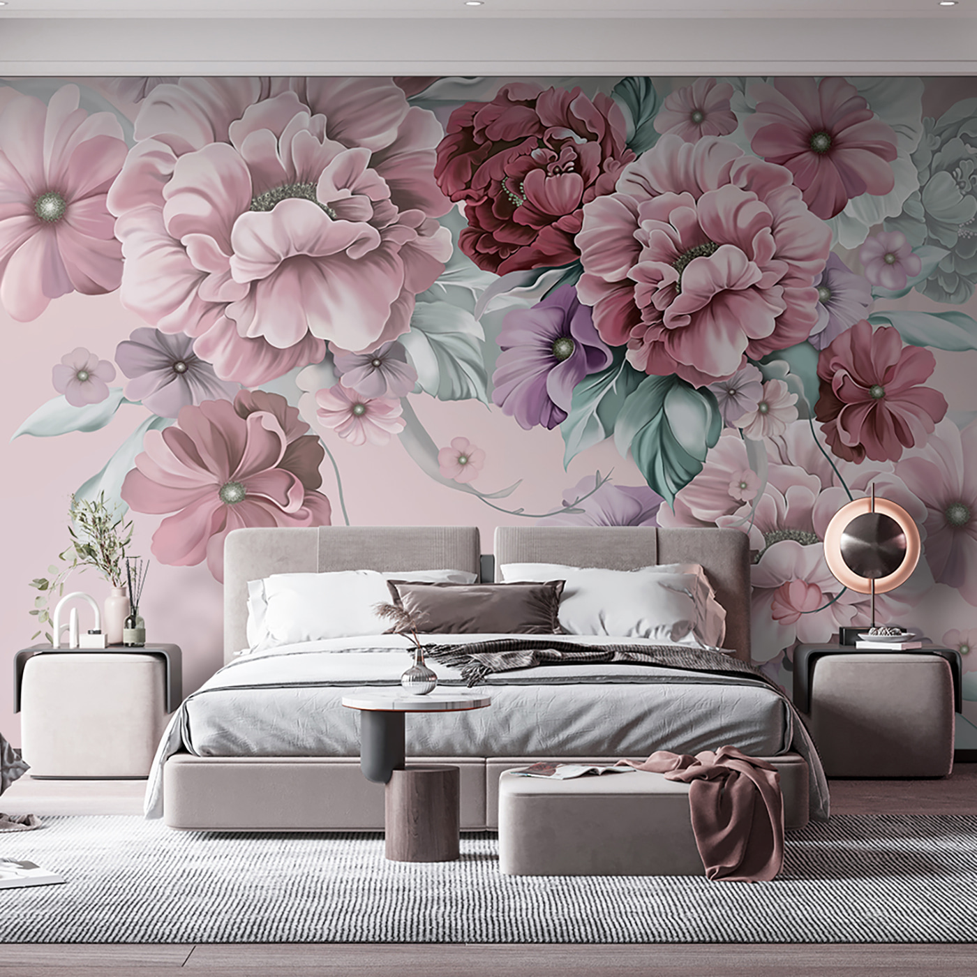 A group of flowers on a pink background