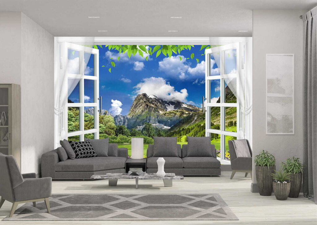 Window with a view of a mountain range and trees