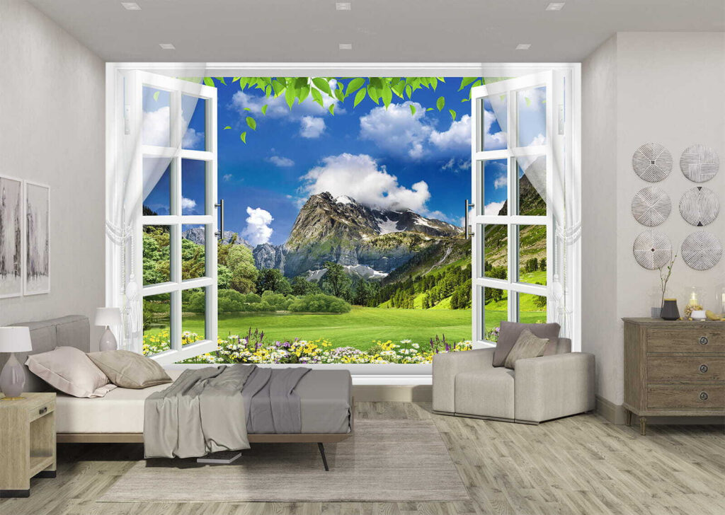 Window with a view of a mountain range and trees