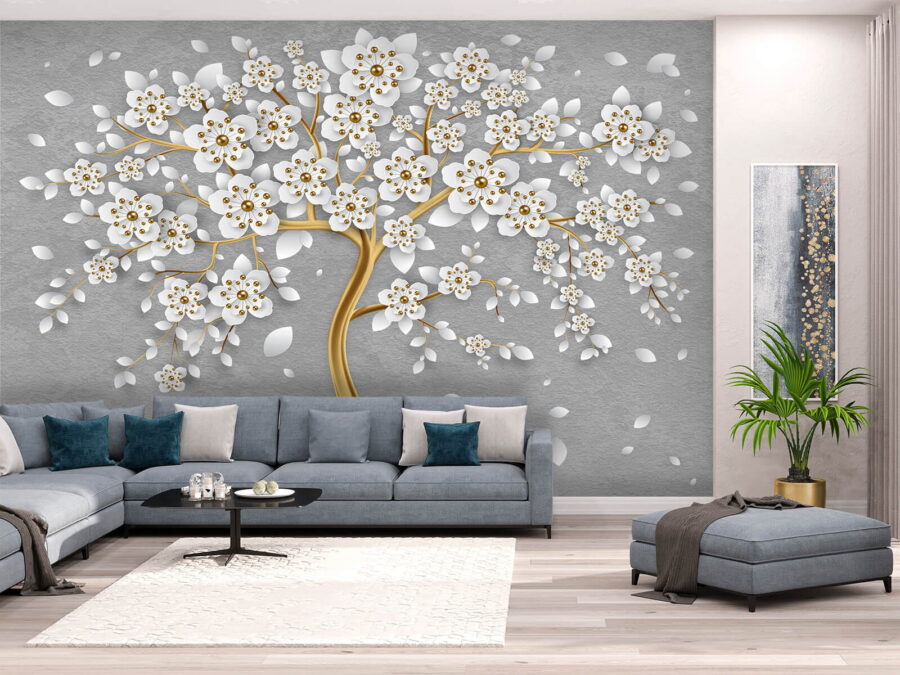 Wall murals Tree with white flowers and leaves