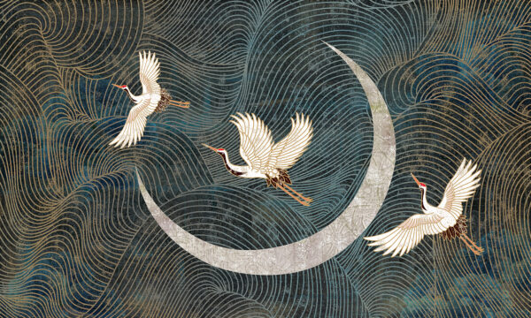 Painting of birds flying over a crescent moon Painting of birds flying over a crescent moon