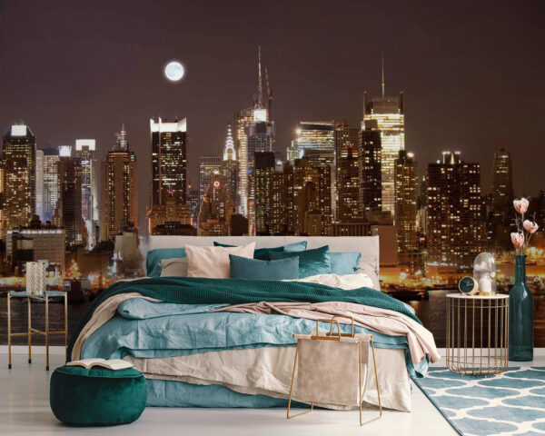 City skyline at night with the moon in the sky City skyline at night with the moon in the sky