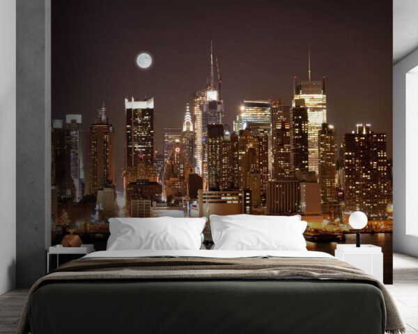 City skyline at night with the moon in the sky City skyline at night with the moon in the sky