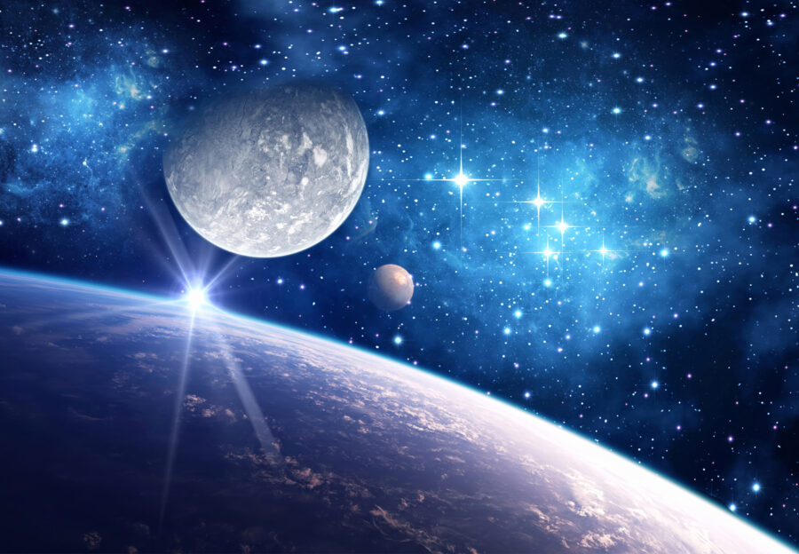 Planet and moon in space
