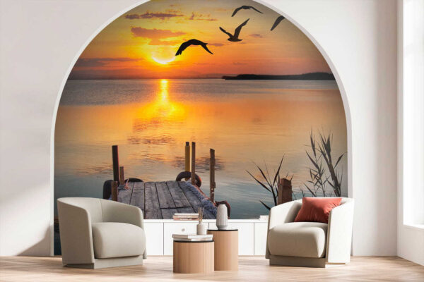 Dock with birds flying over water u57673pig1 600x400 - Dock with birds flying over water