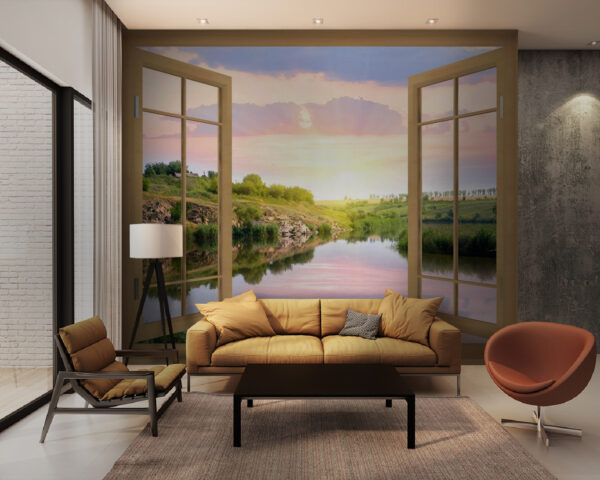 Window with a view of a river and a grassy hill Window with a view of a river and a grassy hill