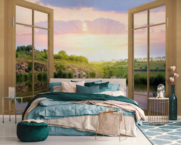 Window with a view of a river and a grassy hill Window with a view of a river and a grassy hill