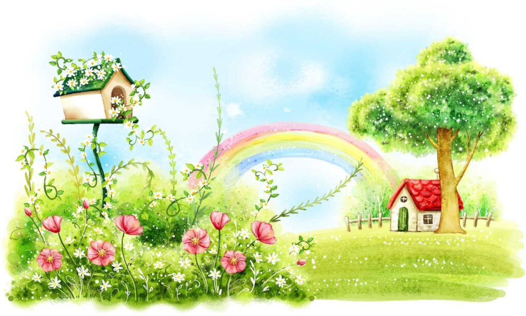 Rainbow and flowers in a green field Rainbow and flowers in a green field