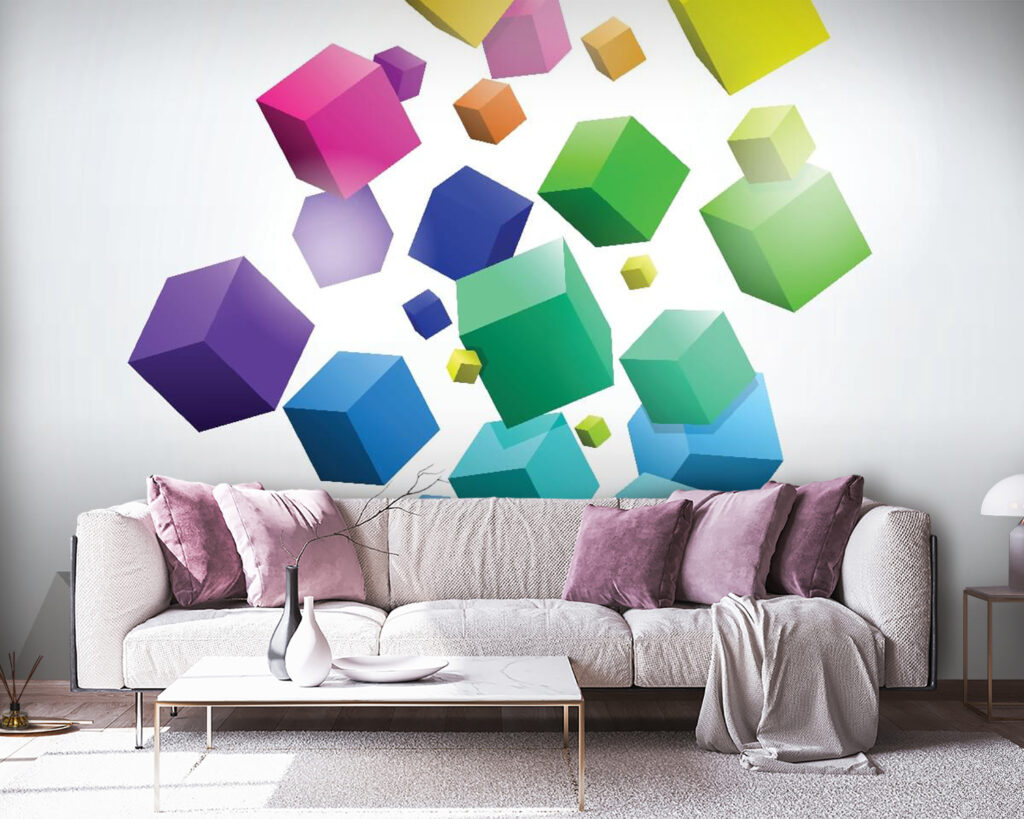 Colorful cubes falling into a box