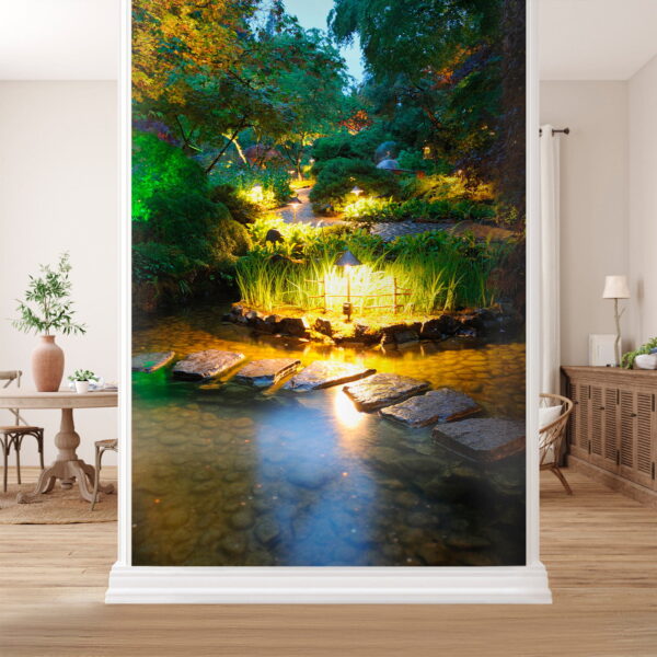 Wall murals Stone path in a pond with lights Wall murals Stone path in a pond with lights
