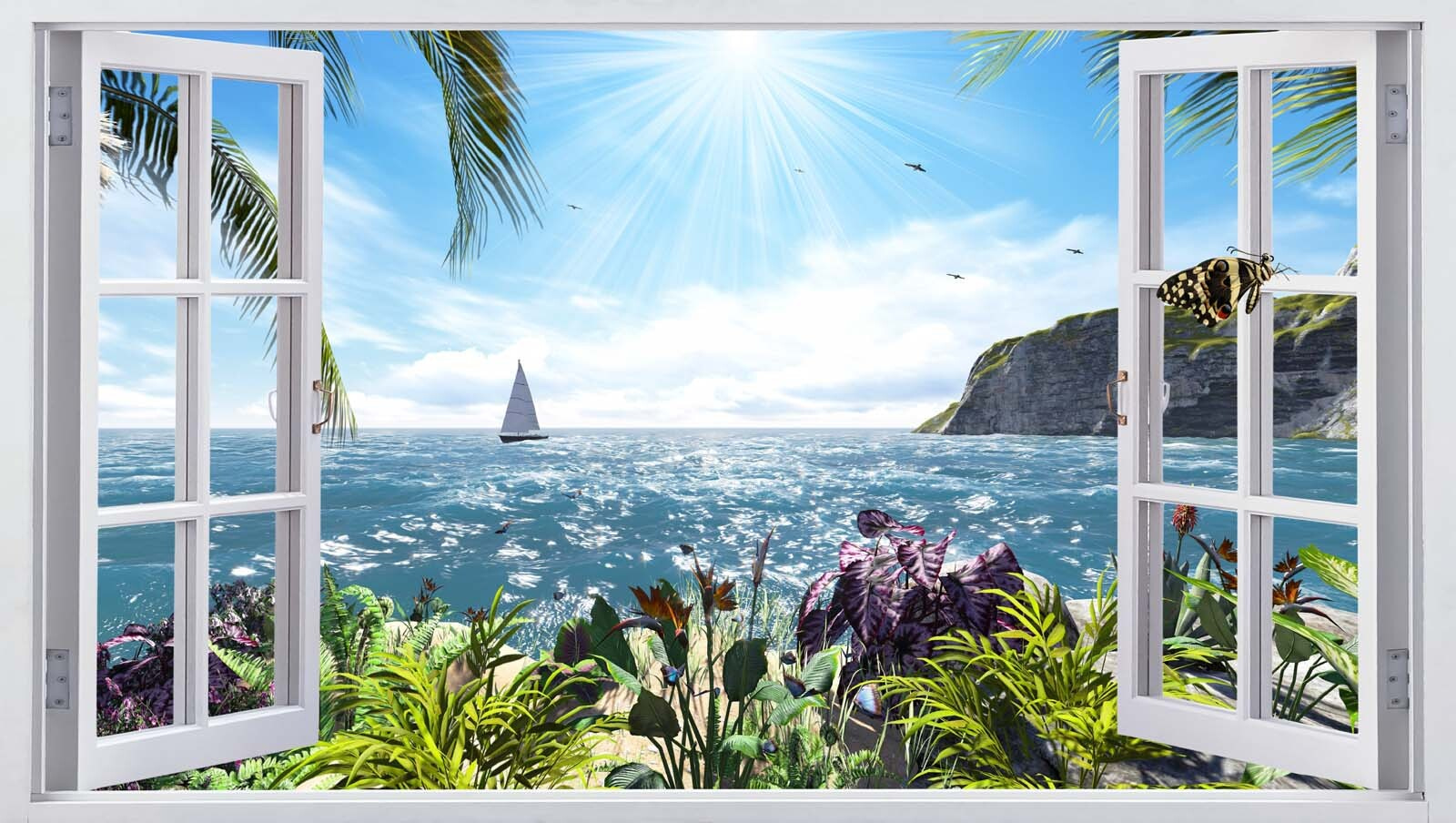 Window with a view of the ocean and a sailboat Window with a view of the ocean and a sailboat