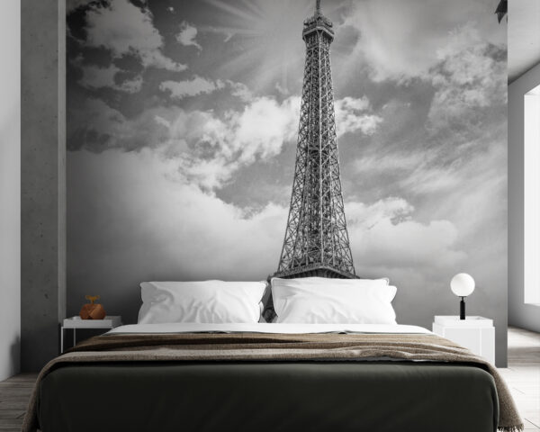 Black and white photo of Eiffel Tower