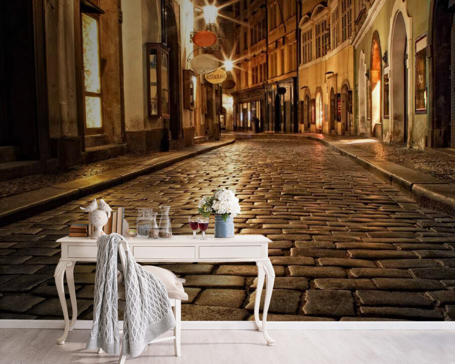 Stone street with buildings and signs on it