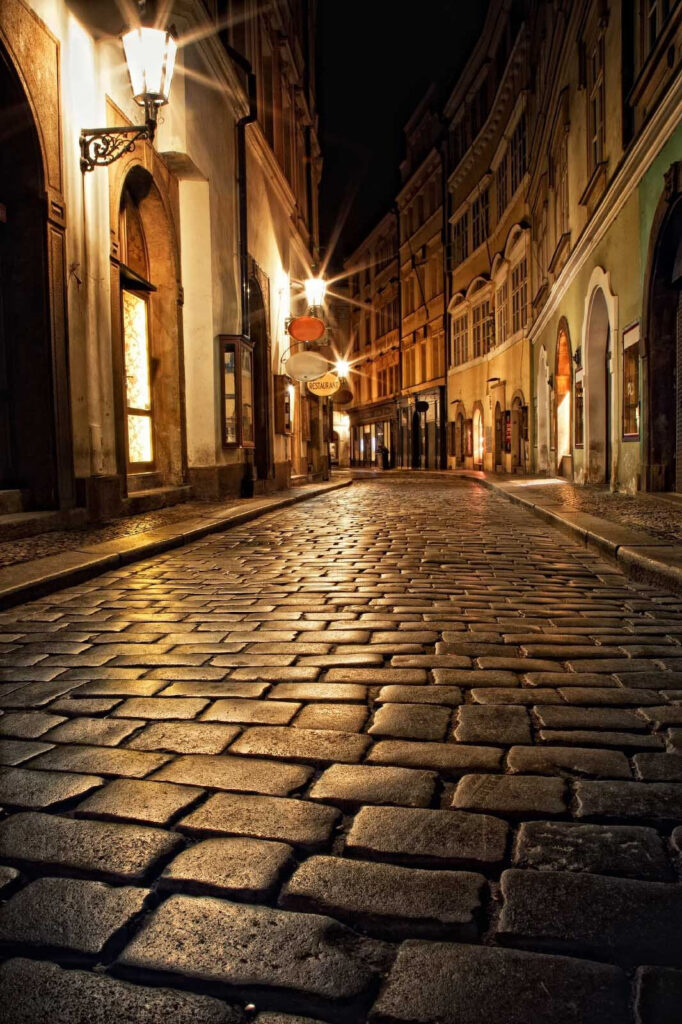 Stone street with buildings and street lights u53474p 682x1024 - Stone street with buildings and street lights - tegory