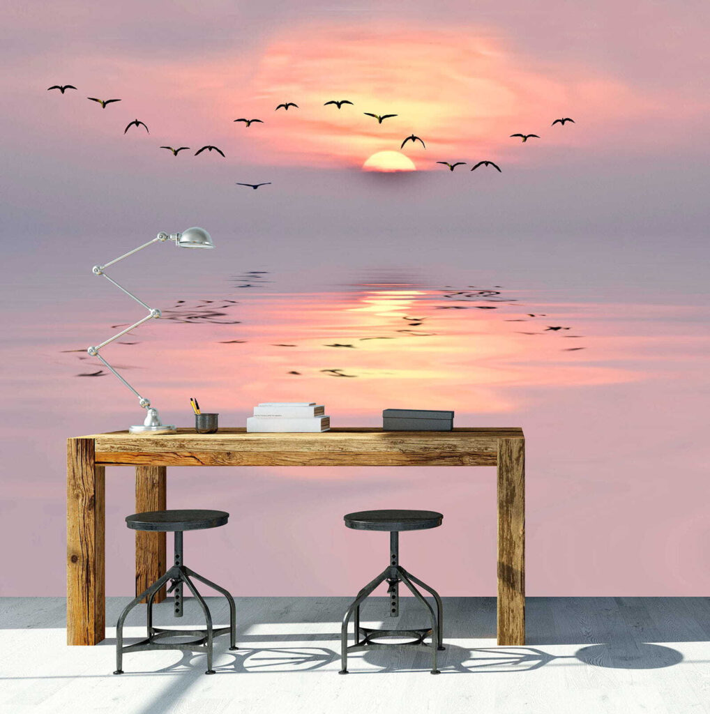 Flock of birds flying over water u53413piw1m 1018x1024 - Flock of birds flying over water