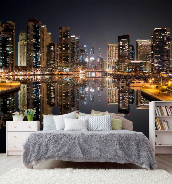 City skyline with lights reflecting on water City skyline with lights reflecting on water