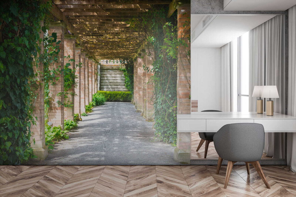 Walkway with stone pillars and vines Walkway with stone pillars and vines