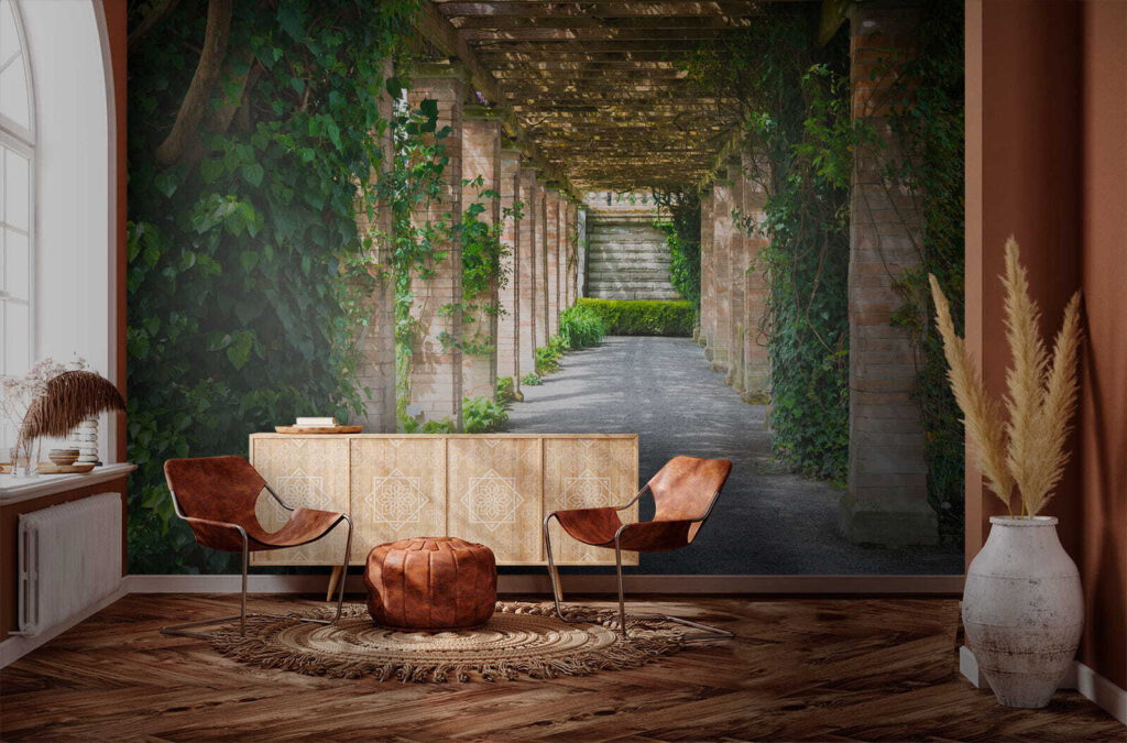 Walkway with stone pillars and vines Walkway with stone pillars and vines