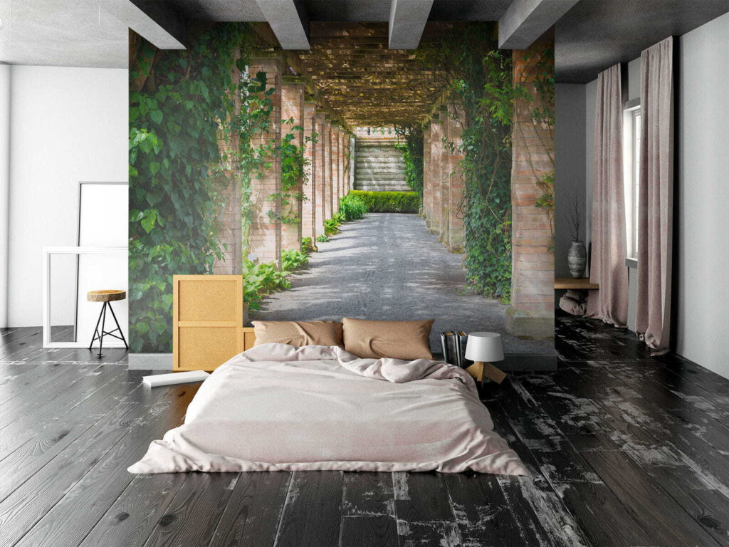 Walkway with stone pillars and vines Walkway with stone pillars and vines