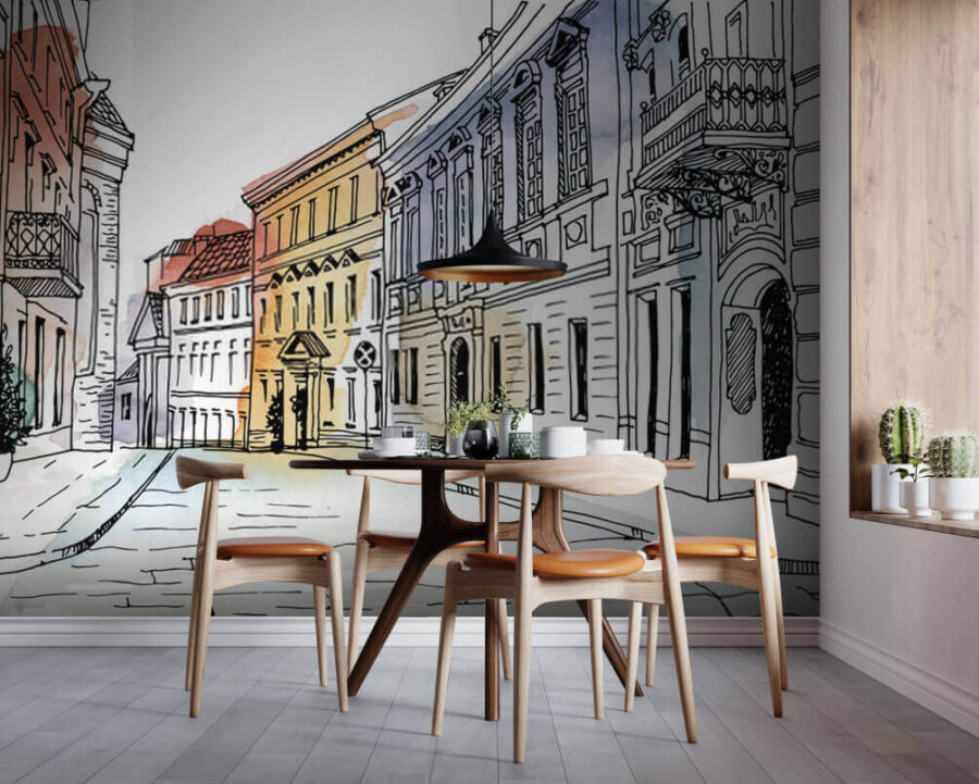 Drawing of a street with buildings Drawing of a street with buildings