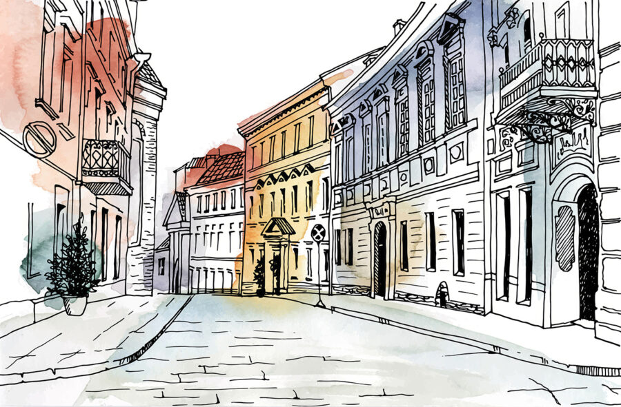 Drawing of a street with buildings