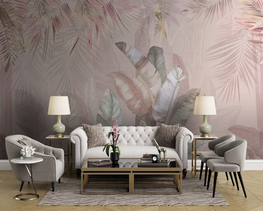 Tropical leaves in soft pastel hues.