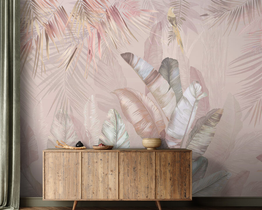 Tropical leaves in soft pastel hues.