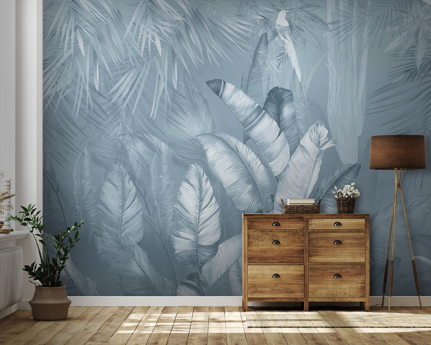 Serene jungle foliage in soft hues.
