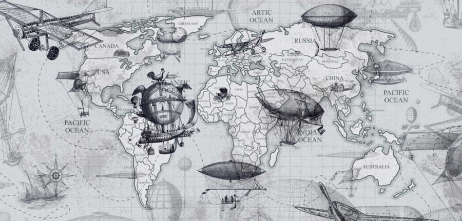 Map of the world with different types of air balloons