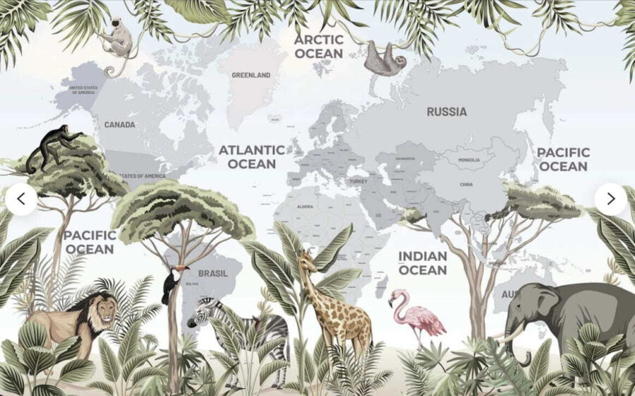 Map of the world with animals and birds