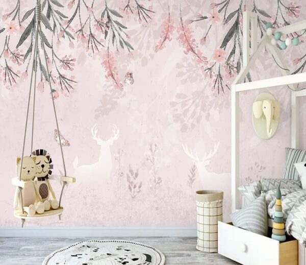 White deer and butterflies and flowers Wall murals White deer and butterflies and flowers