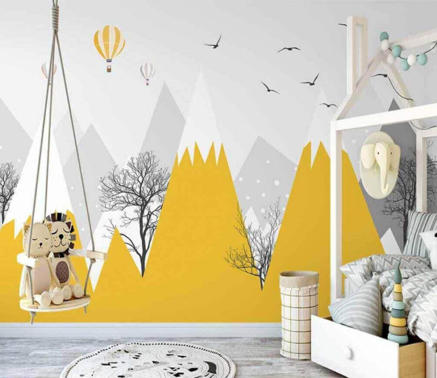 Yellow mountains with trees and birds